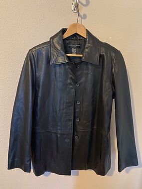 Geoffrey Beene Black Leather Button-Front Jacket